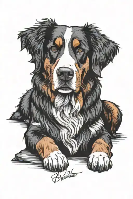 a outline drawn Bernese mountain dog with Maverick underneath in handwriting font tattoo design idea