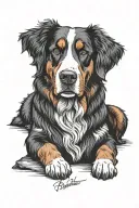 a outline drawn Bernese mountain dog with Maverick underneath in handwriting font tattoo design idea