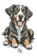 a outline drawn Bernese mountain dog with Maverick underneath in handwriting font tattoo design idea