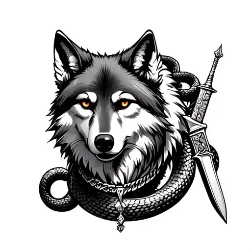 a wolf with a necklace thar has a knife on it and  snake in the back tattoo design idea