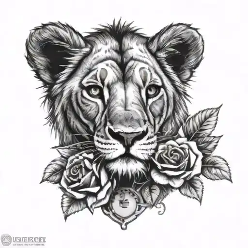 Baby lion head with time clock and roses surrounding tattoo design idea