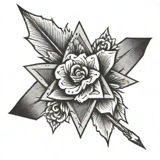 a minimalist arrow with arrowhead with flower and fire tattoo design idea