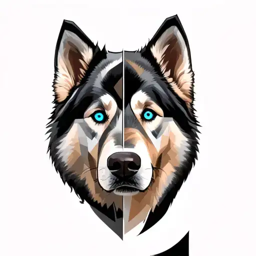 alaskan malamute with one blue and one brown eye, that face half realistic and half geometric  tattoo design idea