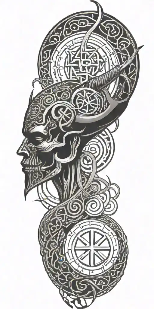 An intricate design of demonic symbols intertwined with Viking runes tattoo design idea