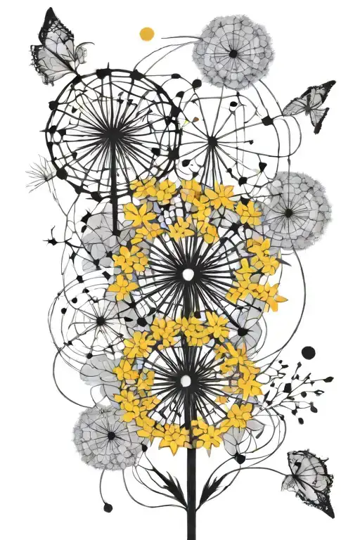 A geometric pattern incorporating dandelions blowing tattoo design idea