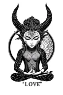 "Love " "Love " buda half meditating devil face emerging centrically tattoo design idea