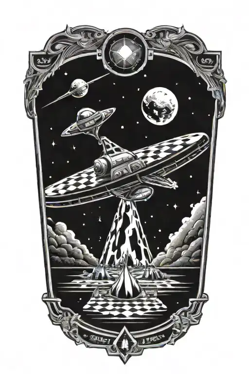 A woodcut style spaceship navigating through a chessboard galaxy tattoo design idea