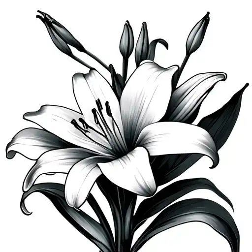 Tattoo Design:• Two delicate, black-and-white lily flowers with curved petals and slender stems• The flowers are pos tattoo design idea