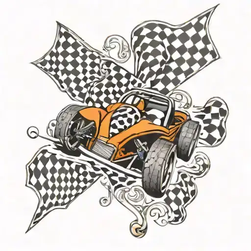 cross with checkered flag wrapperd with go cart driving tattoo design idea