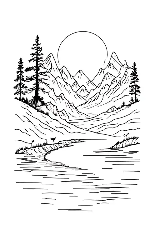 nature tattoo with mountains a river and wildlife and something Christian featured in it tattoo design idea