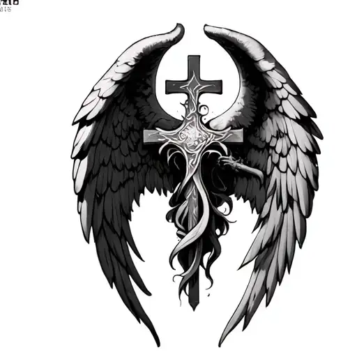 cross tattoo angel one side devil other side realism tattoo design idea
