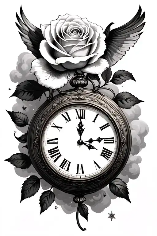 alfreso in cursive a realistic rose a clock in roman numers with an eye and a dove and background of america style cloud tattoo design idea