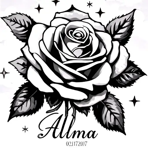 Roses with the name alma. Background is cloudy and stars and roman numerals of the date 02/01/2007 tattoo design idea