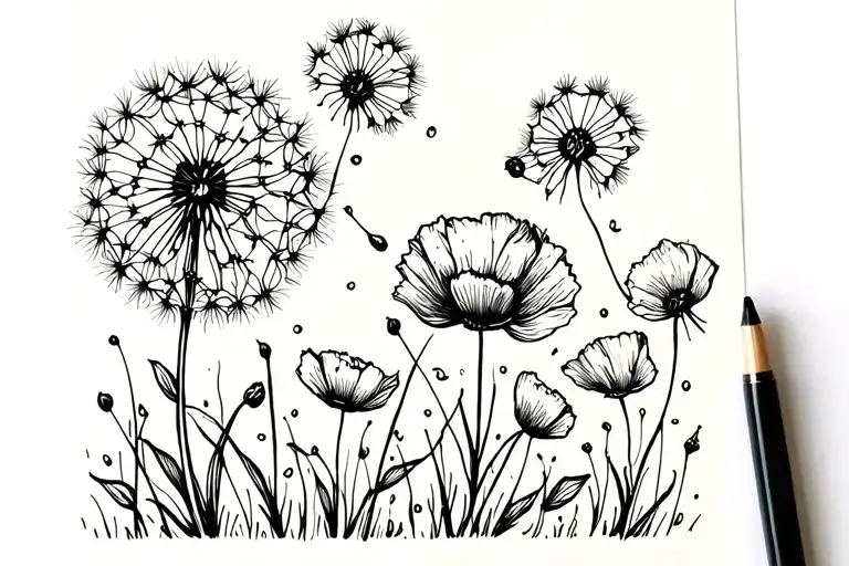 Dandelion blowing, pluton and poppies blooming tattoo design idea