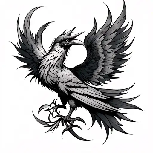black and grey aggressive phoenix tattoo with jagged feathers and hidden heart/cross symbolism, bold, shoulder to elbow, tattoo design idea