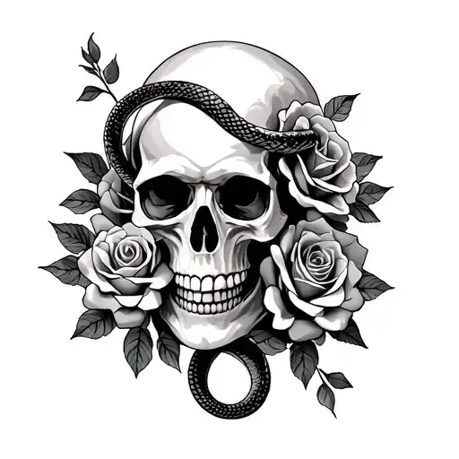 skull, roses, snake intertwined tattoo design idea