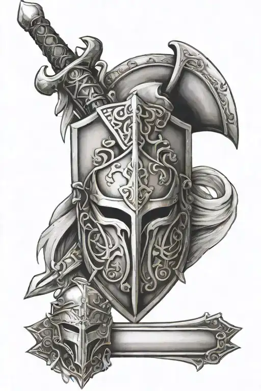 sword and shield with warriors helmet adorned tattoo design idea