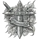 sword with crown of thorns hanging tattoo design idea
