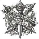 sword with crown of thorns hanging tattoo design idea