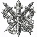 sword with crown of thorns hanging tattoo design idea