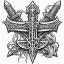 sword with crown of thorns hanging tattoo design idea