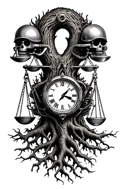 midevil tree of life with roots, libra scales, v-twin knucklehead engine heads and a clock intertwined  tattoo design idea