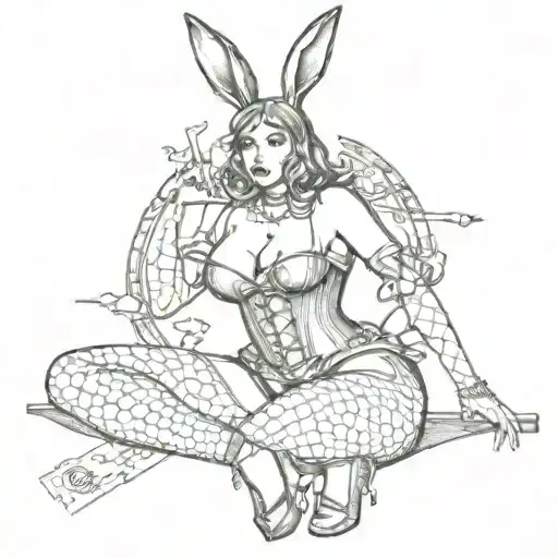 Playboy Bunny girl, sexy, wide hips, petite, Huge boobs, corset, fishnet stockings, G-String, cleavage, stripper  tattoo design idea