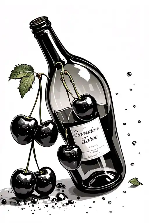 broken glass cherries hanging from a wine bottle tattoo design idea