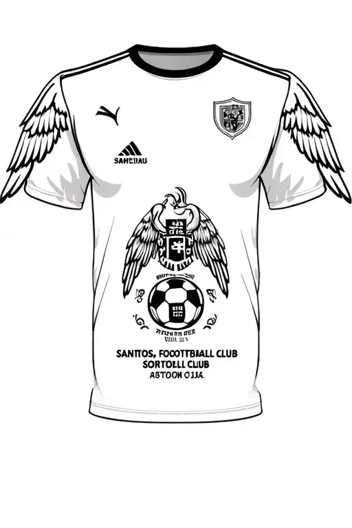santos football club t shirt with angel wings at top, and some elements around it,like some phrases,and simbols tattoo design idea