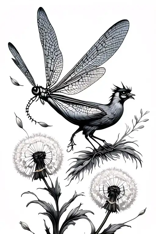dragonfly flying around a pheonix with dandelion seeds tattoo design idea