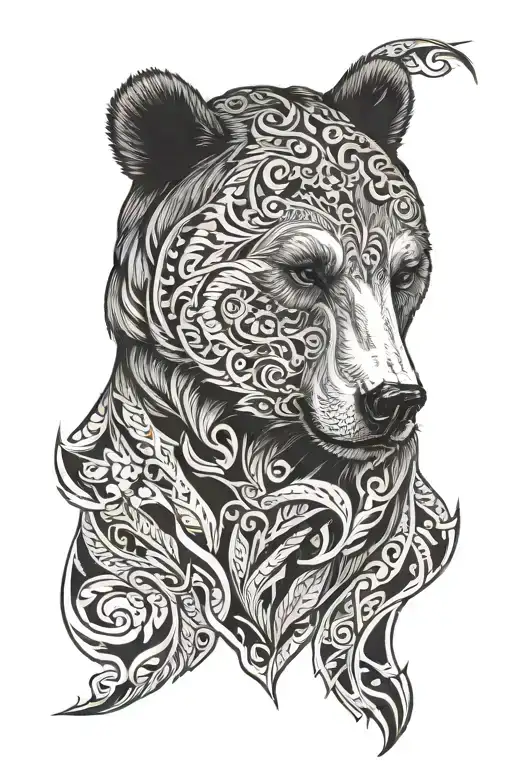 large bear face back tattoo, stern look, mouth closed, tattoo design idea