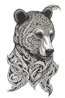 large bear face back tattoo, stern look, mouth closed, tattoo design idea