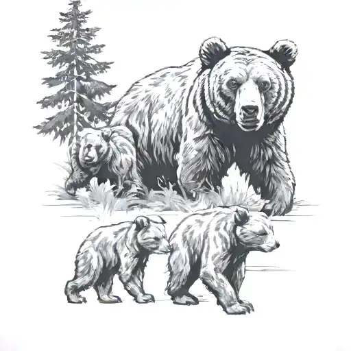 bear with three cubs in a coniferous forest tattoo design idea