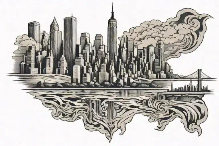 nyc skyline reflecting mountains tattoo design idea
