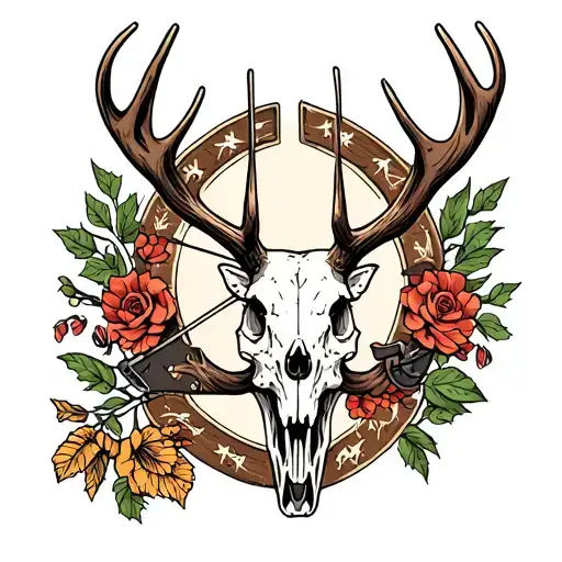 compound bow deer skull tattoo design idea