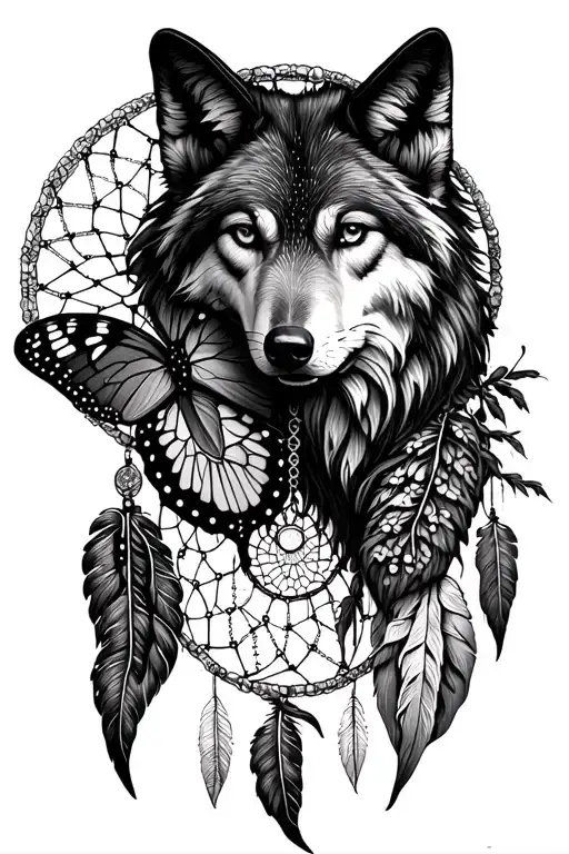 dream catcher with half a butterfly and half of a wolf inside tattoo design idea