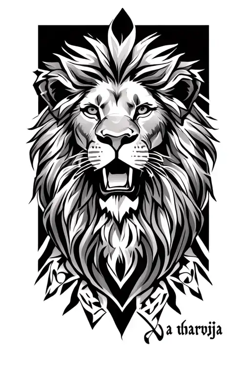 Do a Moroccan Atlas lion inspired tattoo, include "Warrior" in darija Arabic with a desert style background tattoo design idea