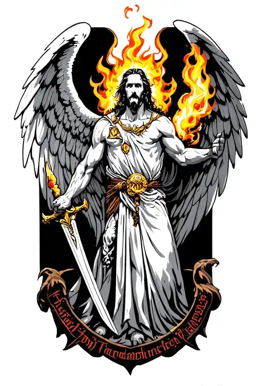 Archangel Michael Wielding A Flaming Sword In Enochian Language Script, Standing over defeated satan. tattoo design idea