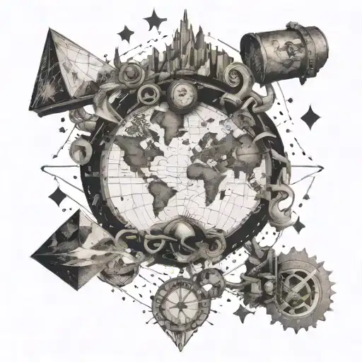 A tattoo of a travel-inspired piece with occult symbols hidden within a map, accented by gemstones tattoo design idea