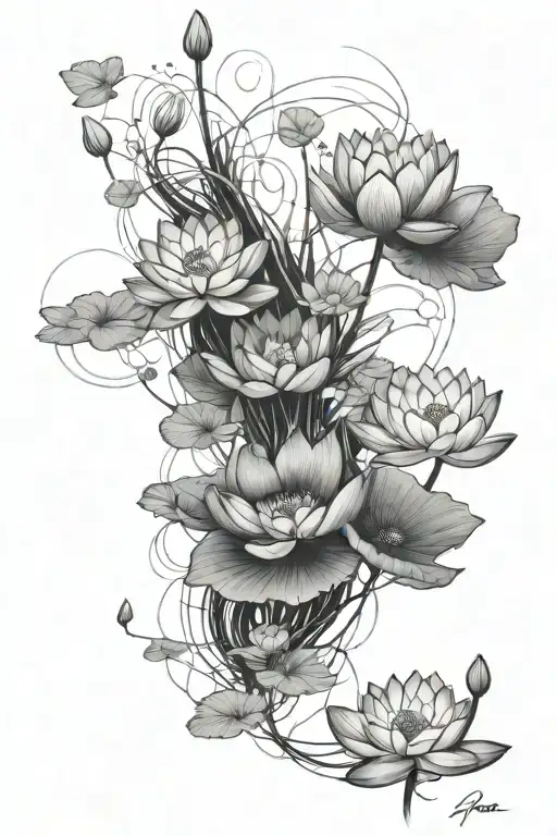 Greyscale trail of water Lillies and lotus pads large back tatooo, minimalist and not too dark tattoo design idea