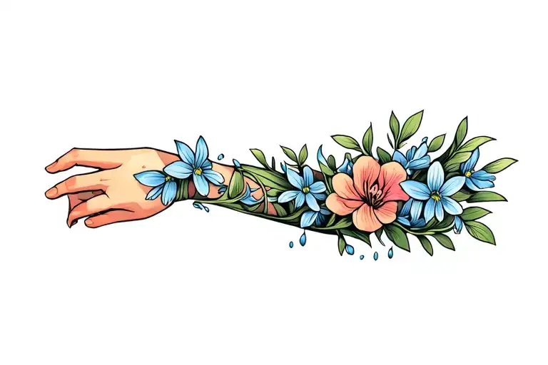 Floral Vertical Armband Tattoo With Snowdrop flowers drooping down with baby blue petals. everything else is black tattoo design idea