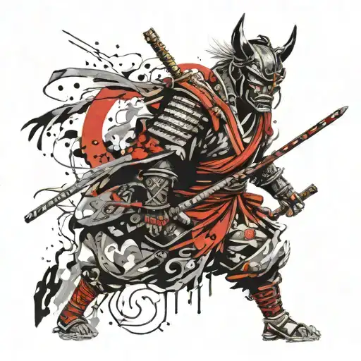 samurai with Oni mask with lone wolf tattoo design idea