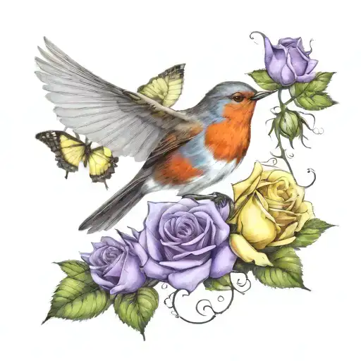 A robin holding a single yellow rose by its stem while flying, purple butterflies surrounding them tattoo design idea