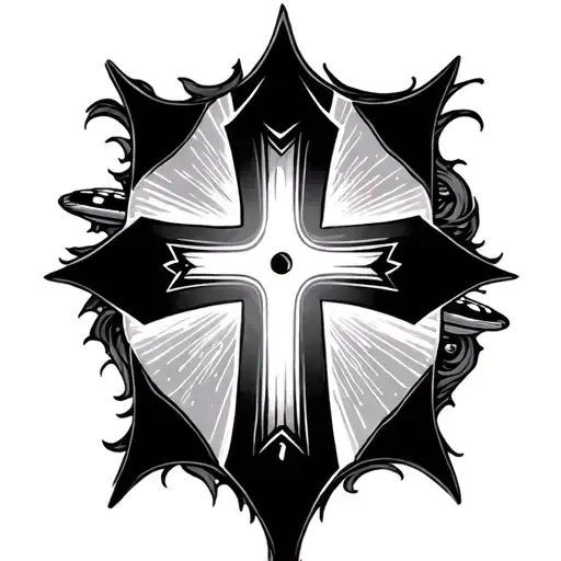beautiful cross surrounded by ufo beaming tattoo design idea