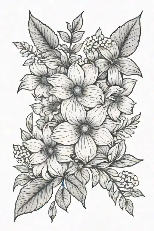 fine line tattoo design with birth month flowers for may, june, july, august, and September for tricep tattoo design idea