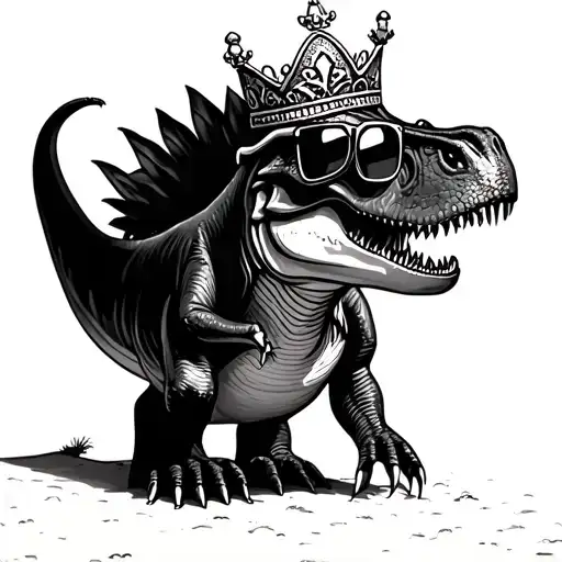 Dinosaur wearing a princess crown and sunglasses on a tropical beach. tattoo design idea