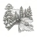 Cop in rear view, forest scene, winding road tattoo design idea