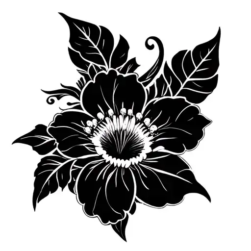 Polynesian arm tattoo with mahori patterns and passionflower hibiscus flower tattoo design idea