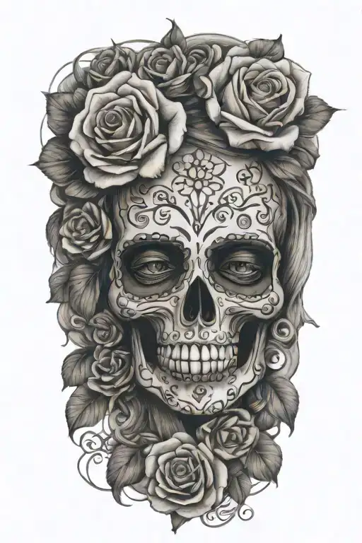 women mexican skull with roses growing tattoo design idea