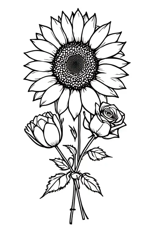 bouquet of a sunflower, two orquids, one tulip, and one rose tied together tattoo design idea